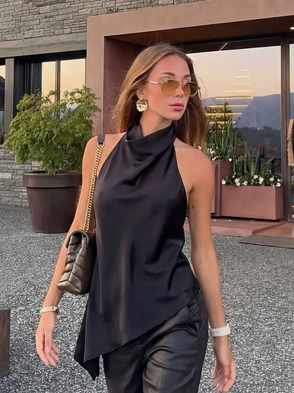 Womens Satin Halter Neck Top Asymmetrical Hem Sleeveless Blouse Elegant Party Club Summer Streetwear Crop Top