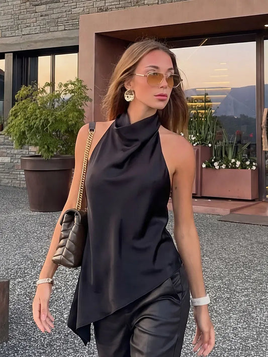 Womens Satin Halter Neck Top Asymmetrical Hem Sleeveless Blouse Elegant Party Club Summer Streetwear Crop Top