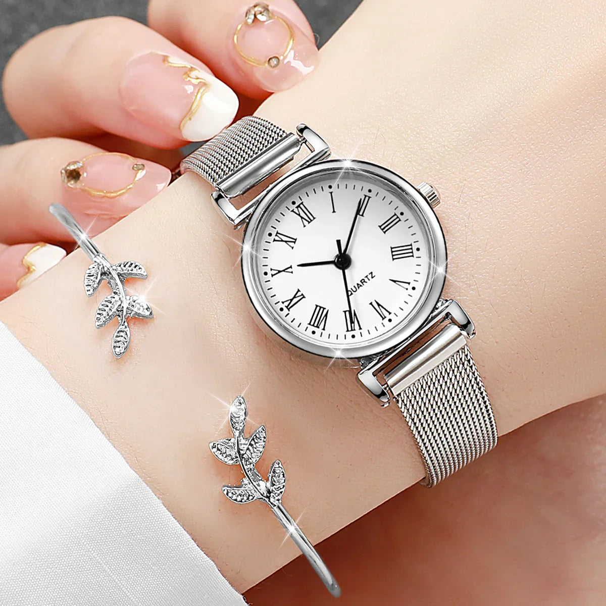 2PCS Fashion Women Quartz Watch Steel Mesh Band Watches Opening Cuff Bracelet Bangle Set（Without Box）