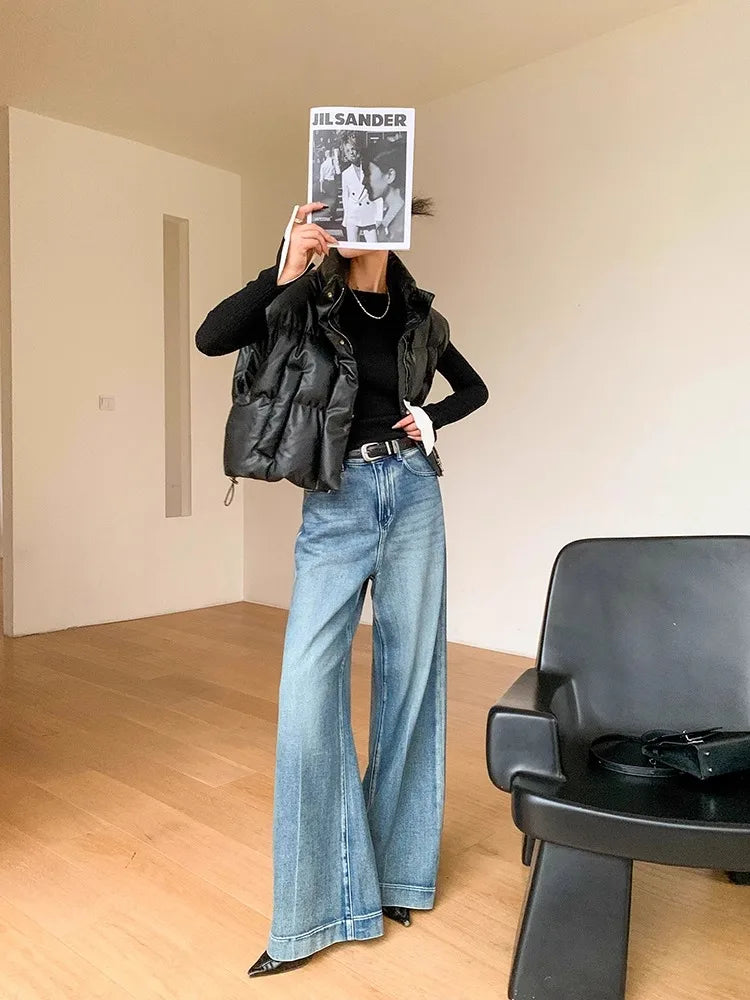 Blue Washed Casual Jeans Women'S New Straight Leg Loose Wide Leg Pants