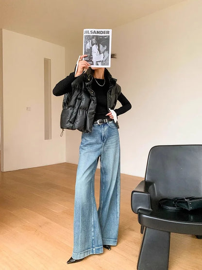 Blue Washed Casual Jeans Women'S New Straight Leg Loose Wide Leg Pants