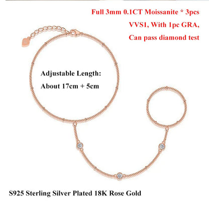 Round Bezel Full 0.1CT 3mm D Color Moissanite Diamond Link Bracelet for Women 925 Silver Adjustable 17-22cm Finger Chain
