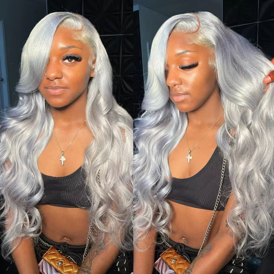 13x6 Silver Grey Colored Lace Front Wigs For Women 613 Blonde Body Wave Remy Transparent Lace Frontal Human Hair Wig Pre Plucked