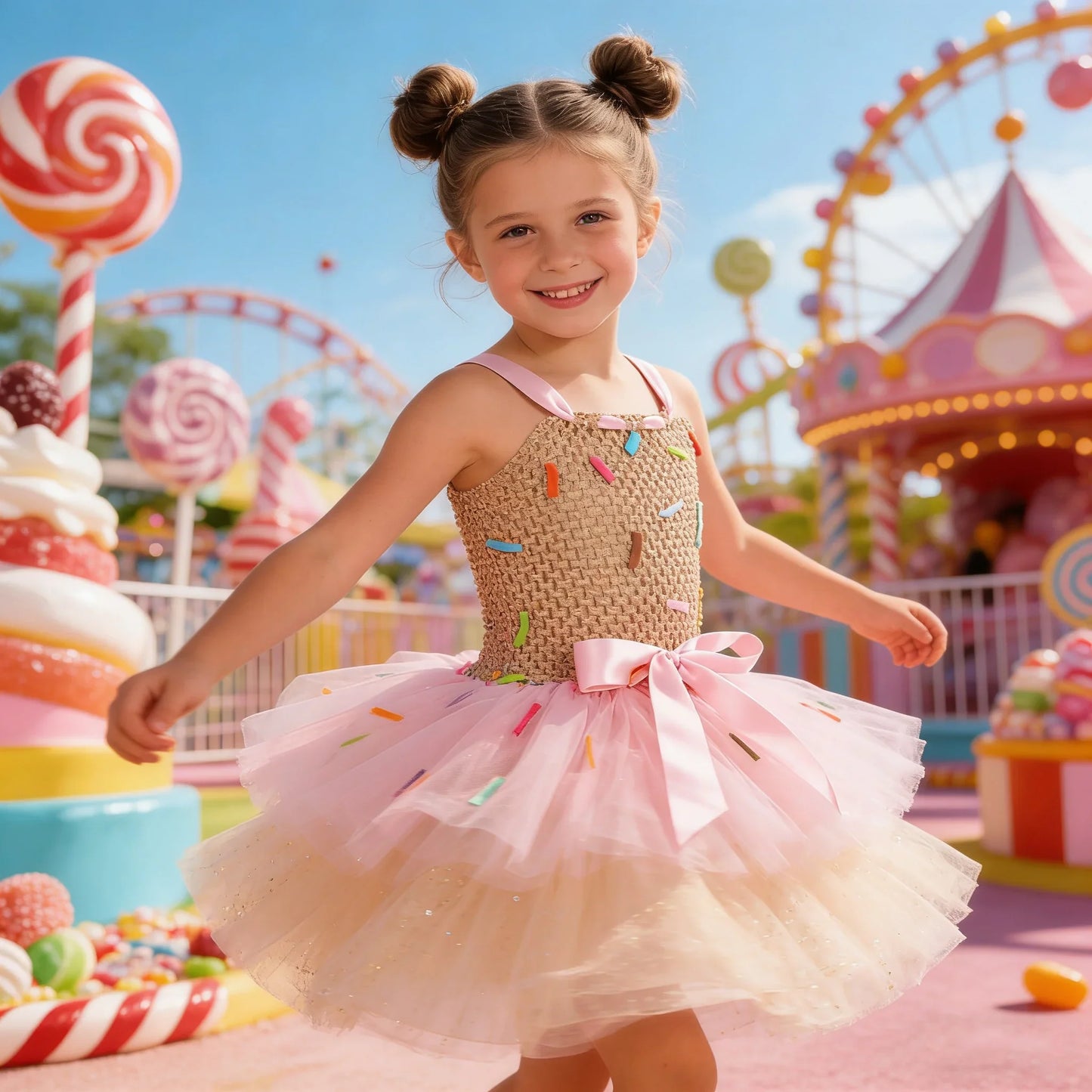 2026 Purim Girls Candy Icecream Dress Handmade Mesh Tutu Dress Childrens Birthday Carnival Party Ball Gown With Icecream Balloon
