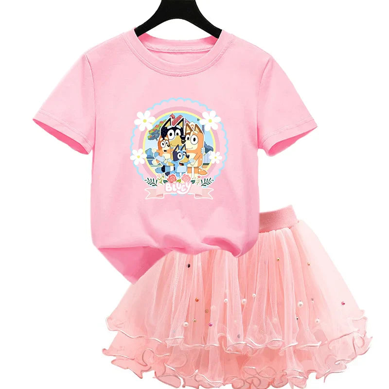 2Pcs/Set Girl Dress Kid Birthday Clothes Party Princess Dress Cartoon T-shirt+Tutu Skirt Summer Evening Christmas Gift