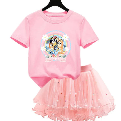 2Pcs/Set Girl Dress Kid Birthday Clothes Party Princess Dress Cartoon T-shirt+Tutu Skirt Summer Evening Christmas Gift