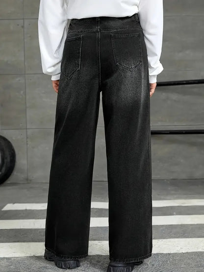 Men'S Loose Fit Black Denim Wide Leg Jeans with Raw Wash Detail - Comfortable, Versatile All-Season Wear, Casual Denim Jeans| fl