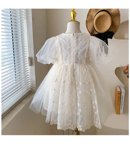 Kid Girl White Short Sleeve Dress Delicate Floral Embroidery Puff Mesh Sleeves and Tulle Overlay Skirt for Children Casual Wear