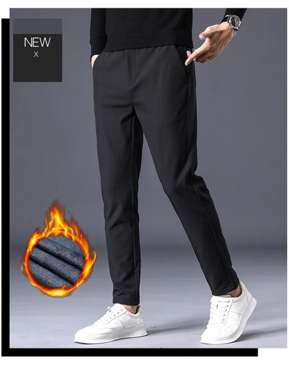 Fleece Pants Thick Men's Winter New Stretch Slim Business Warm Korean Fashion Plush Classic Trousers Male Brand 28-38