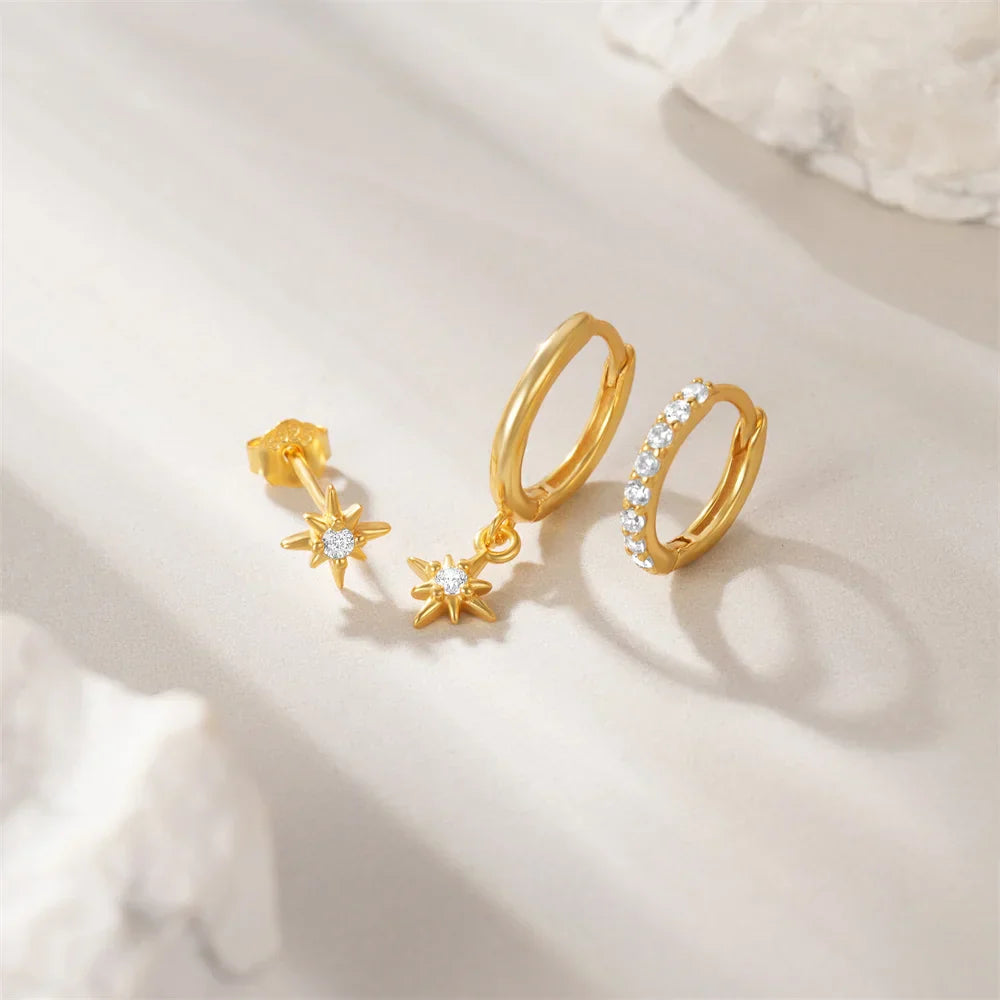 925 Sterling Silver 3pcs 4pcs Set Zircon Stud Earrings 18k Gold Star Minimalism Huggies Earring Fine Jewelly Set Party Gift