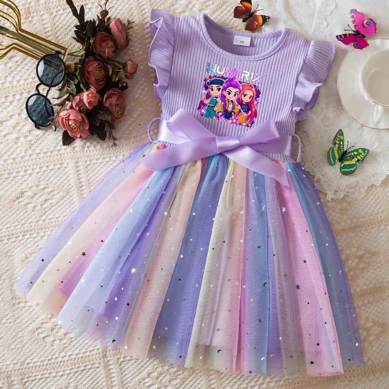 Girls Flying Sleeves Bow Sequin Dress Kids Baby Girl Birthday Party Fluffy Tutu Princess Dress 1-5Y