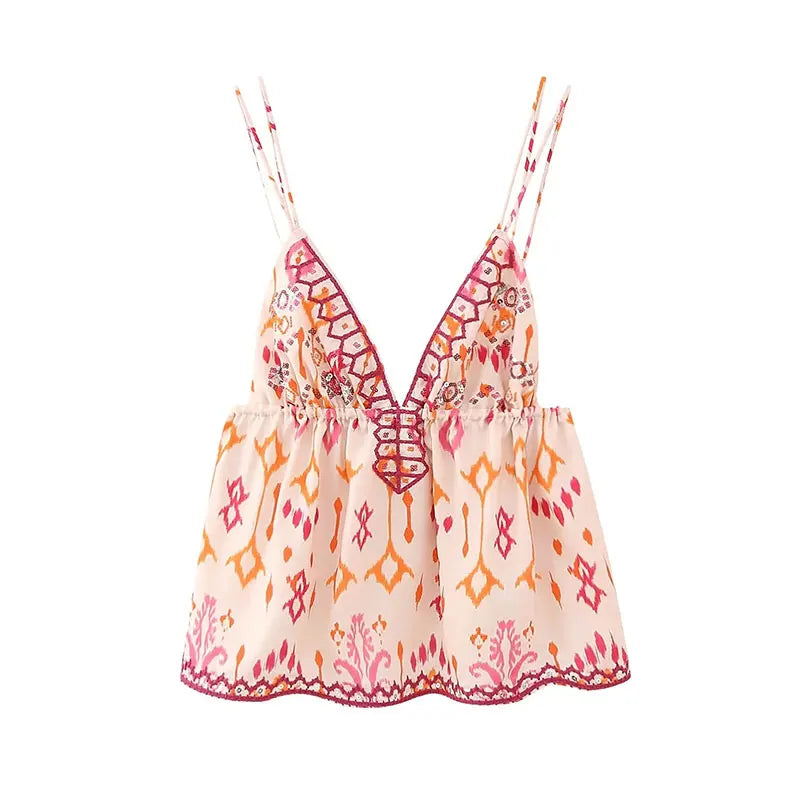 Autumn Printed Suspender Tank Tops for Women Casual Sleeveless V-Neck Cropped Blouse Vacation Chic Ladies Streetwear