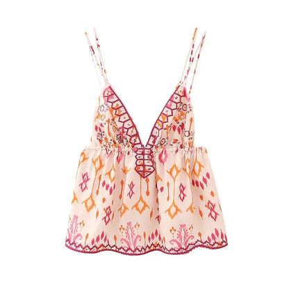 Autumn Printed Suspender Tank Tops for Women Casual Sleeveless V-Neck Cropped Blouse Vacation Chic Ladies Streetwear