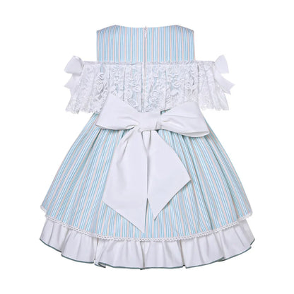 Pettigirl Vestido Casual Infantil Meninas Festa Casamentos Madrinha Princesa Listrado Azul Verão Roupas Infantis 2 a 12 anos