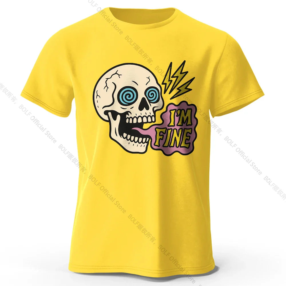 Men's I Am Fine Printed T-Shirt 100% Cotton Oversized Sarcastic Graphic Tees for Women Summer Tops Mood Streetwear