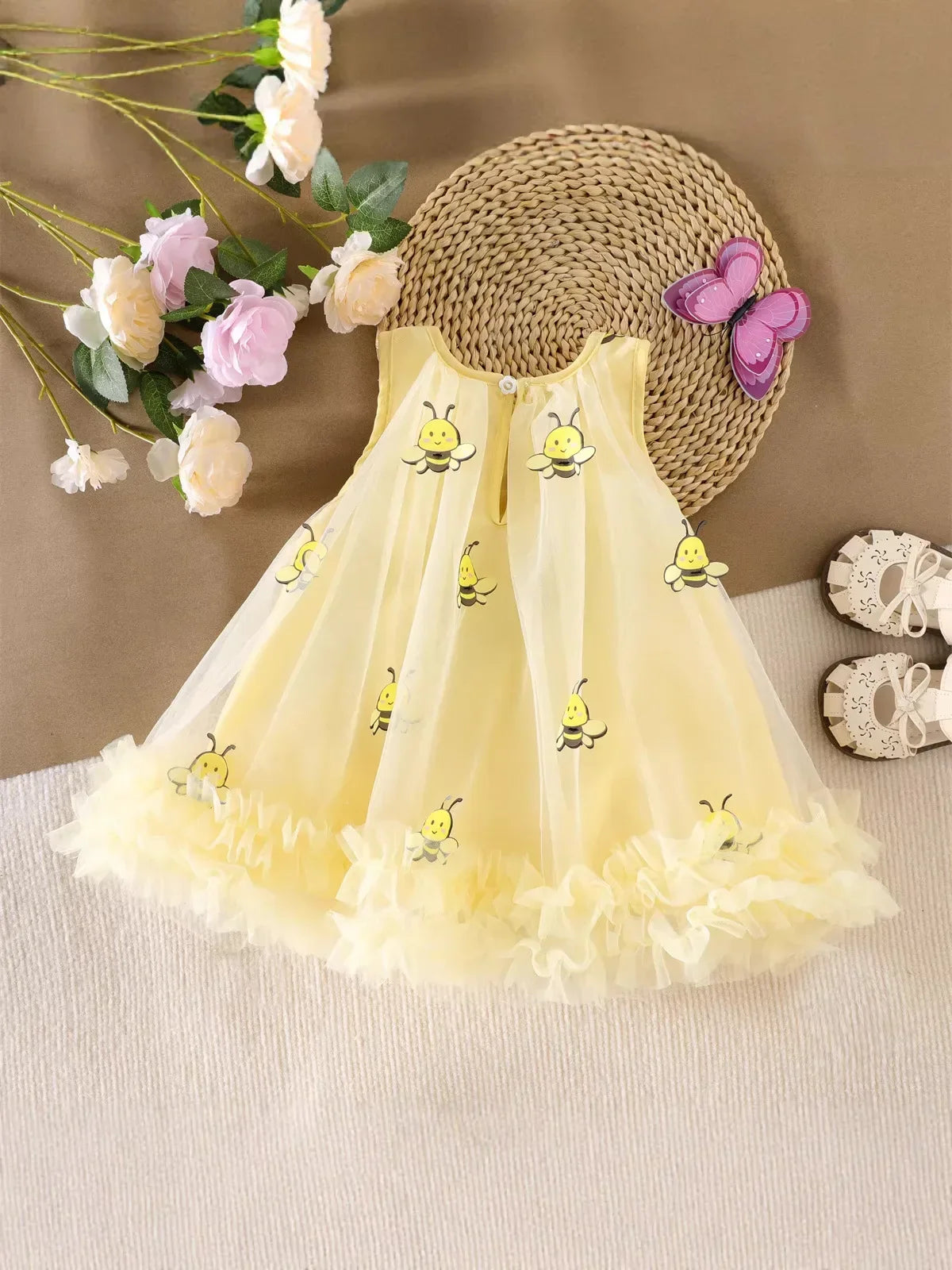 2026 Summer 12M-5Y Childrens Clothes Cute Bee Print Girls Dress with Tulle Skirt Sleeves Fluffy Dress for Girls