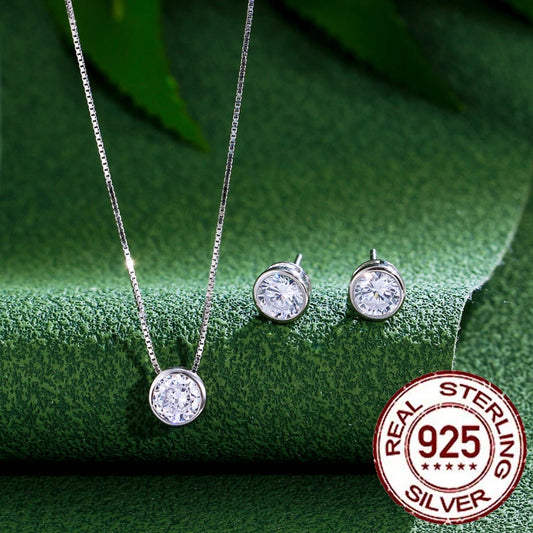 Genuine 925 Sterling Silver Jewelry Set Sparkling Round Cubic Zircon Simple Necklace Earrings for Women Wedding ST001