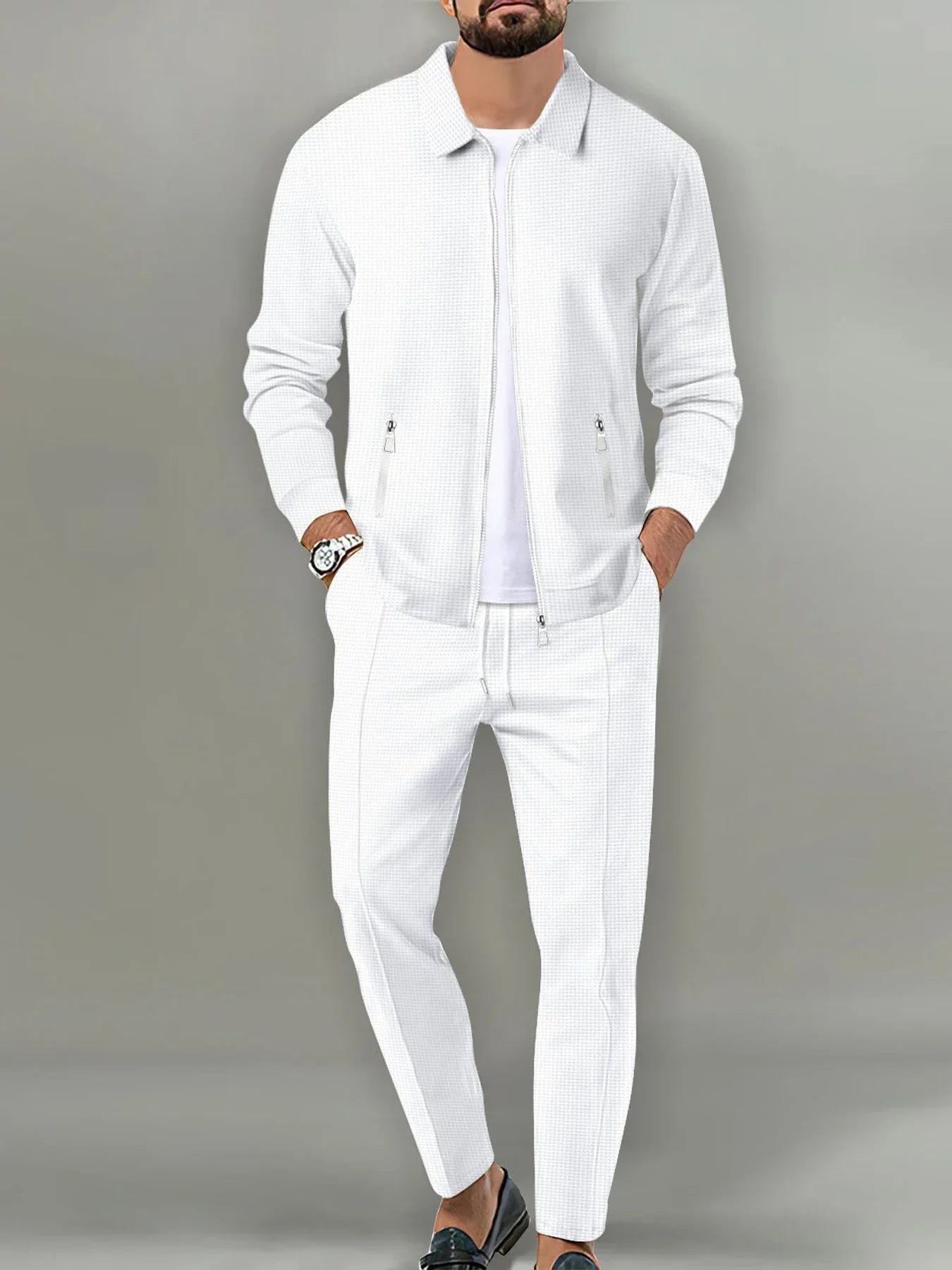 Men's Casual Solid Color Zipper Jacket and Pants Suit - Breathable Polyester Fiber for Spring/Autumn