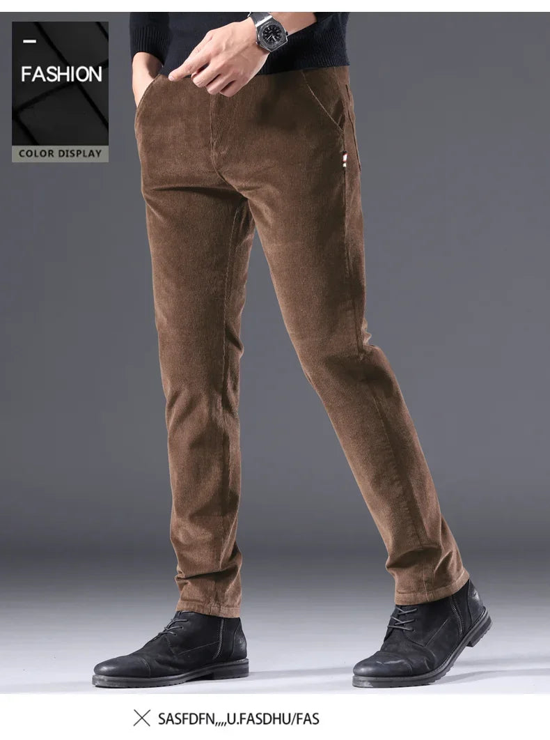 Men's Corduroy Slim Casual Pants 2024 Autumn New Coffee Fashion Stretch Straight Trousers Solid Color Male Clothes