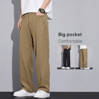2026 Summer Thin Men's Loose Pants with Large Pockets Work Style Casual Straight Solid Color Male Simple Baggy Pants