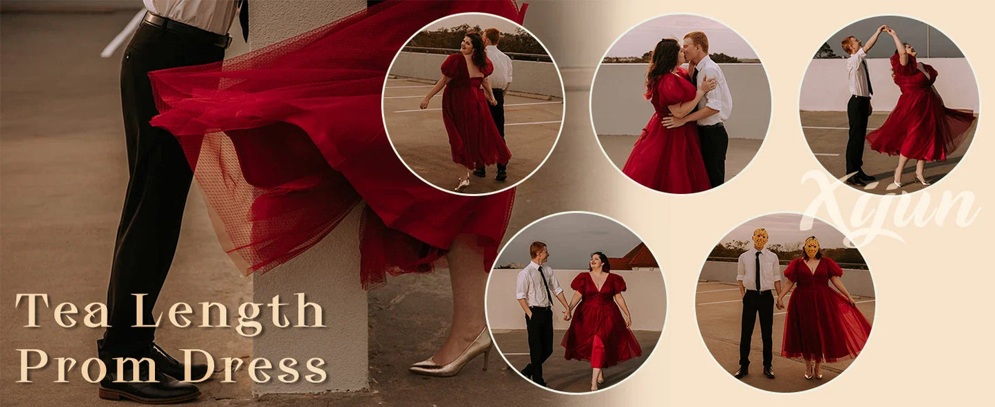 Puffy Sleeve Prom Dresses for Women Dotted Tulle V Neck Formal Evening Party Gowns Tea Length Formal Dress Women Elegant