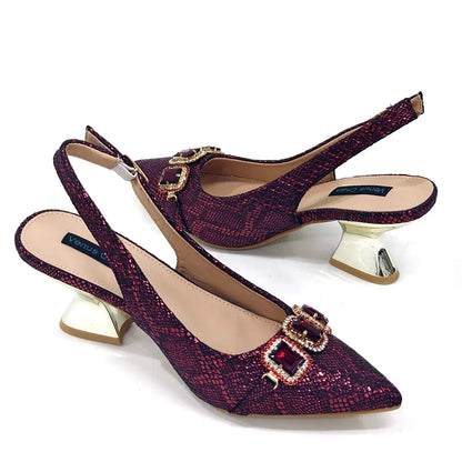 Rhinestone Pointed-Toe High Heels Shoes and Bags Set for Women Wedding and Party Elegant Luxury Fashion in Wine Color