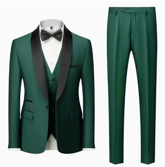 US Size Men Lapel Black Collar 3 Pcs Suit Set Coat Vest Trousers / Business Groom Wedding Dress Fprmal Blazer Pants Waistcoat