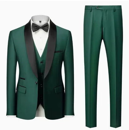 US Size Men Lapel Black Collar 3 Pcs Suit Set Coat Vest Trousers / Business Groom Wedding Dress Fprmal Blazer Pants Waistcoat