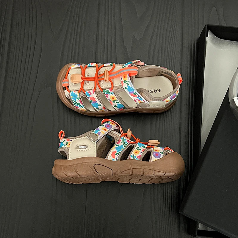 Summer Children Sandals Boys Girls Breathable Hollow Beach Shoes Baby Cute Print Sport Sandals
