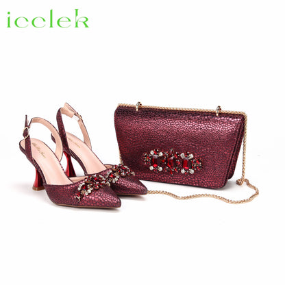 Spot Goods Italian Fashion Women Heels Elegant Orange Color Block Design Brown Shoes And Bag Full Rhinestone Party Bag