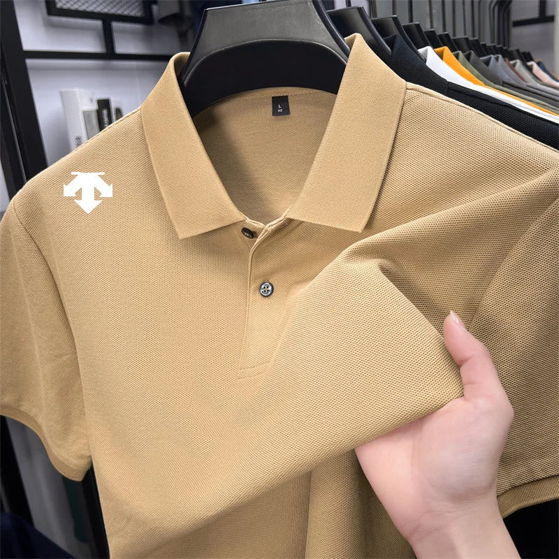 100% men's summer luxury brand polo shirt lapel geometric printing short sleeves t-shirt outdoor leisure men clothing tops