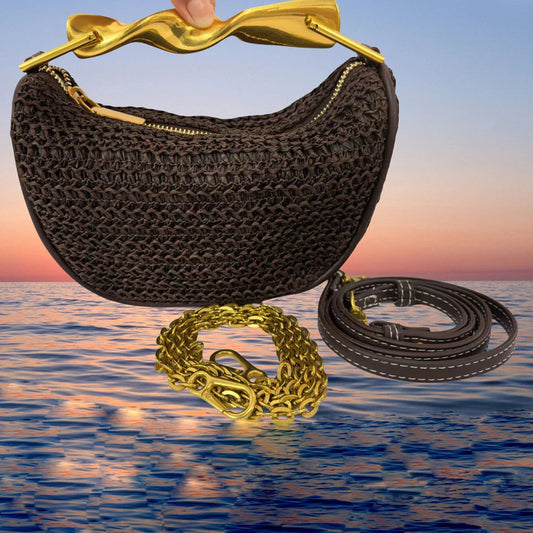Metal Handle Straw Bags for Women Half Moon Rattan Woven Chain Shoulder Bag Bohemian Travel Beach Bag Designer Crossbody Handbag