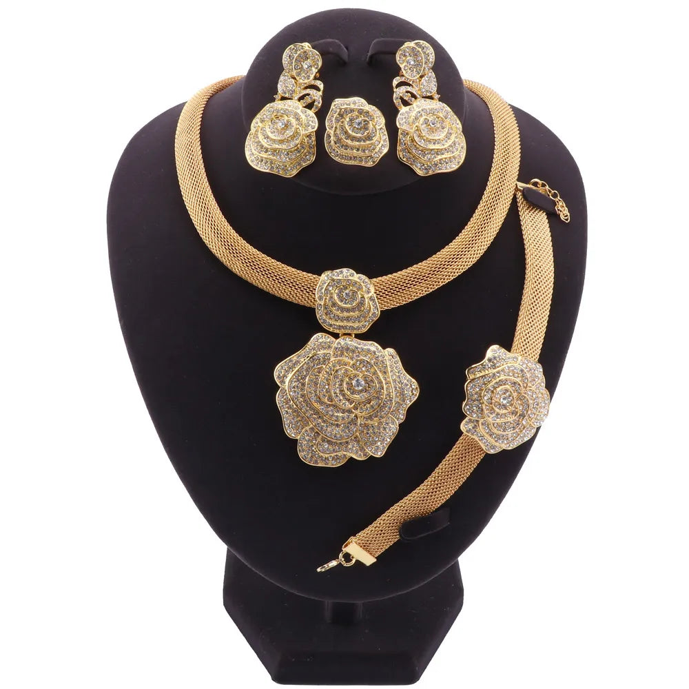 Dubai Gold Color Jewelry Sets For Women Bridal Luxury Necklace Earrings Bracelet Ring Set African Wedding Party Gifts