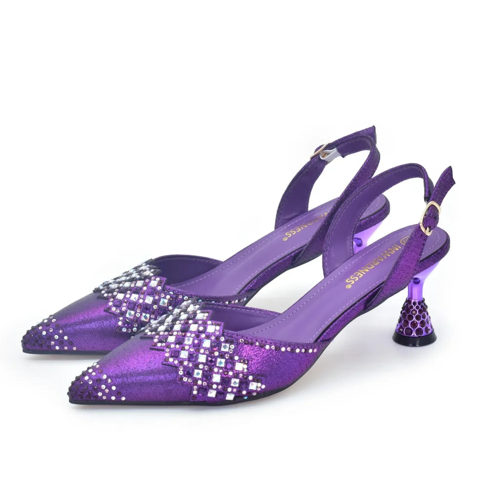 Purple Shoes and Bags Set for Women African Shoe and Bags Set for Wedding Pointed Toe Shoes Sexy Wedding Party Sandals