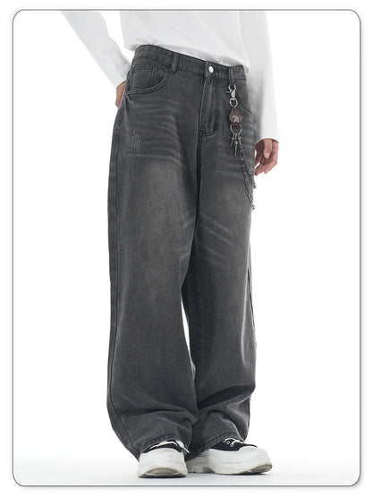 American Retro Washed Gray Baggy Straight Wide Leg Jeans Men's Business Casual Baggy Four Season Denim Pants Unisex Clothes