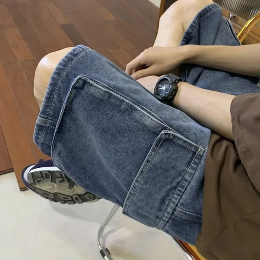 Summer Men Denim Short Streetwear Vintage Korean Harajuku Pocket Jeans Shorts Hip Hop Cargo Pants Oversized Bottoms