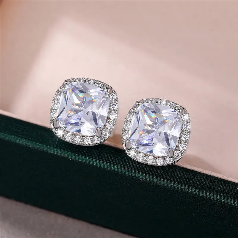 Ne'w Bright White/Yellow/Pink CZ Stud Earrings for Women Fashion Contracted Jewelry High Quality Wedding Engagement
