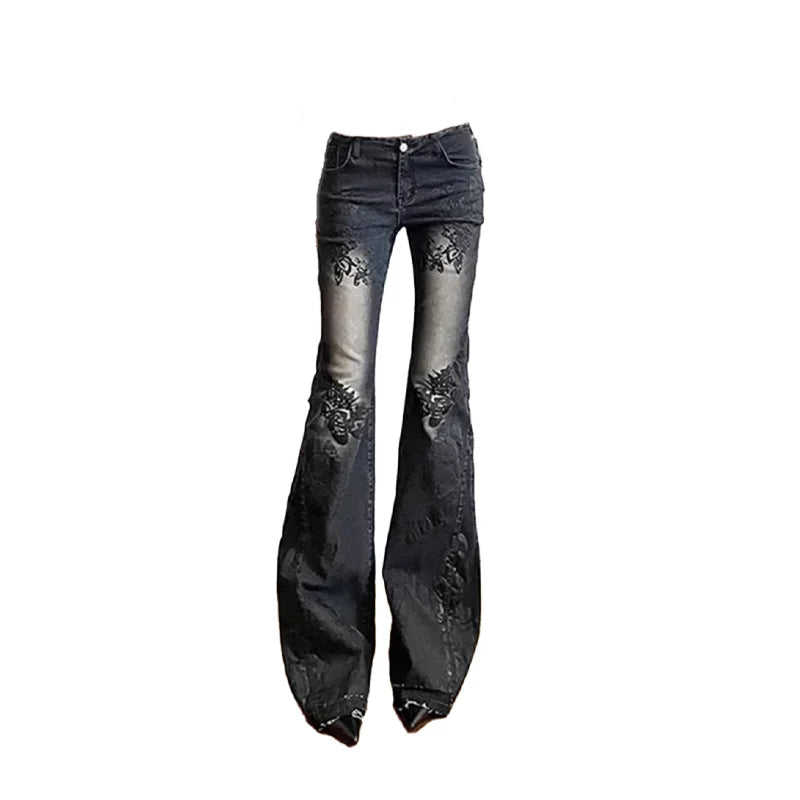 Women Gothic Y2k Flare Jeans Harajuku Baggy Denim Trousers 90s Aesthetic Low Waist Jean Pants Vintage 2000s Trashy Clothes 2024