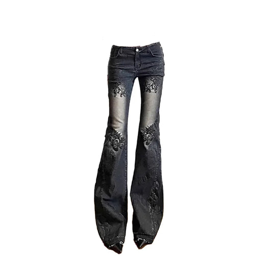 Women Gothic Y2k Flare Jeans Harajuku Baggy Denim Trousers 90s Aesthetic Low Waist Jean Pants Vintage 2000s Trashy Clothes 2024