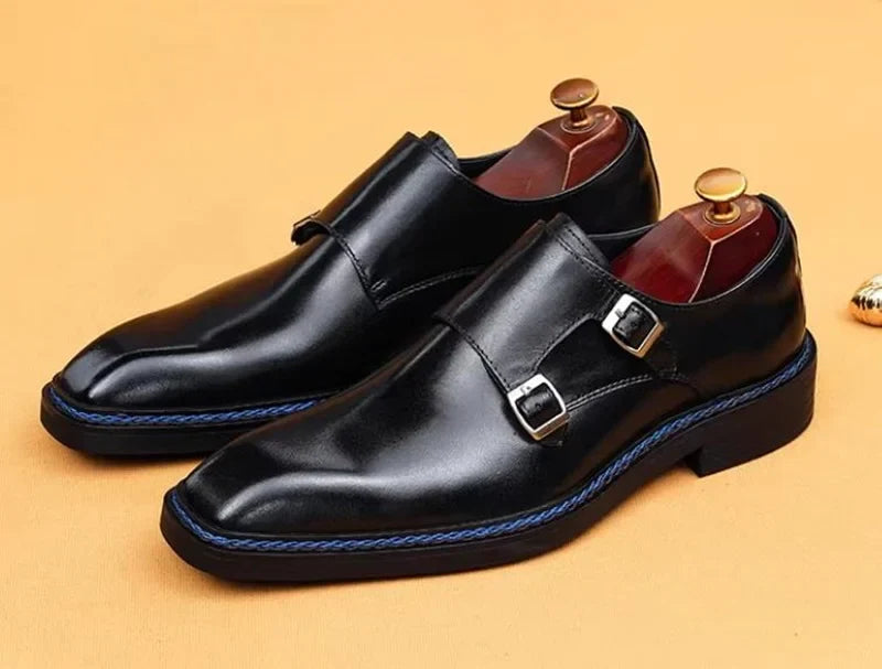 High-end Cowhide Leather Shoes For Men Square Toe Double Monk Strap Shoes Mens Dress Shoes Slip On Business Formal Shoes