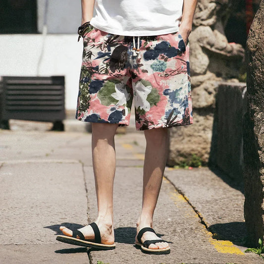 2026 Summer New Boutique Flower Cotton Linen Men's Casual Beach Shorts Men's Comfortable Breathable Leisure Shorts Male XXXXXL