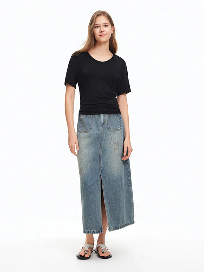 2026 Summer Women‘s Starfish Embroidered Denim Midi Skirt, Vintage A-Line Long Skirt Office Commute Versatile Daily Style