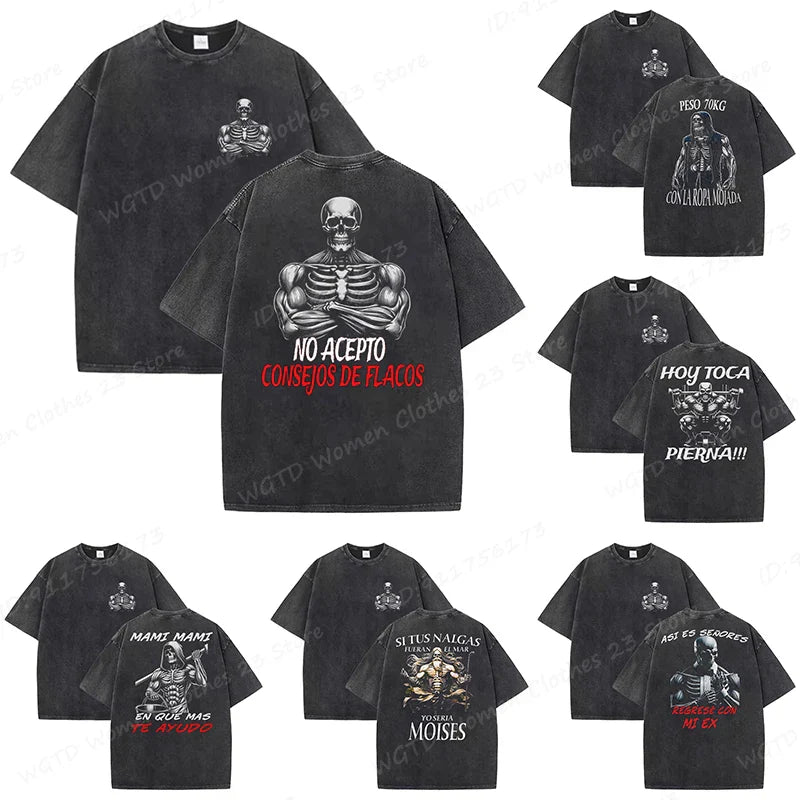 Calacas Chidas Gym Washed T-Shirts Men's Trendy Cool Skeleton & Gym Print Oversized Tshirt Summer Tees Streetwear Casual Tops