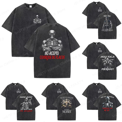 Calacas Chidas Gym Washed T-Shirts Men's Trendy Cool Skeleton & Gym Print Oversized Tshirt Summer Tees Streetwear Casual Tops