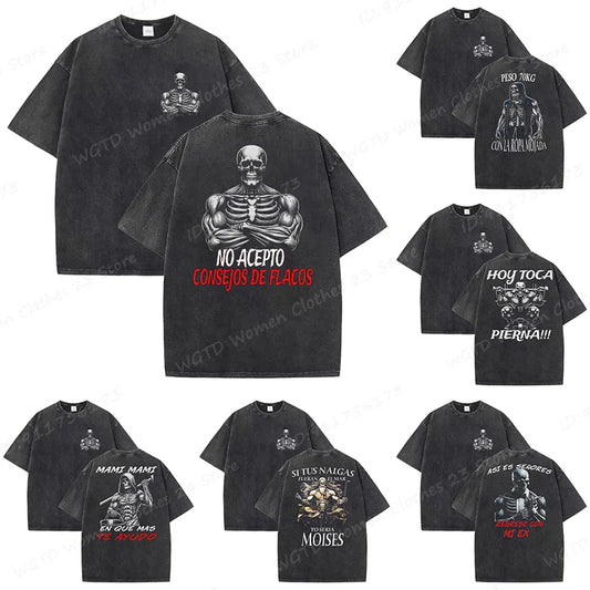 Calacas Chidas Gym Washed T-Shirts Men's Trendy Cool Skeleton & Gym Print Oversized Tshirt Summer Tees Streetwear Casual Tops