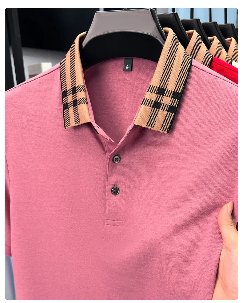 Fashion brand plaid lapel short sleeve polo shirt men summer new style simple solid color high-end business casual golf T-shirt