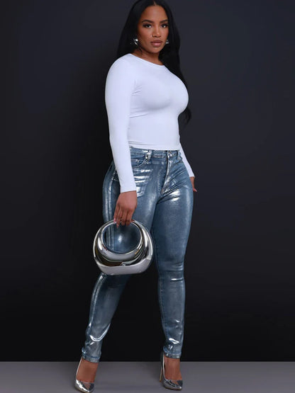 American Jeans Women Pencil Pants 2025 New Metallic Silver High Waist Streetwear Elastic Skinny Denim Trousers Female y2k