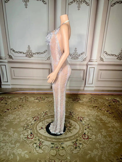 Silver Rhinestone Crystals Chains Transparent Long Dress Evening Birthday Celebrate Dress Sexy Performance plus size