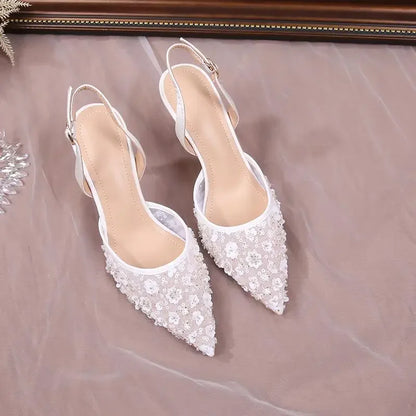 Size 34-42 2025 Summer Beaded High Heel Wedding Shoes Women Lace Mesh Party Dress Shoes