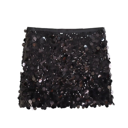 Women Spring Autumn Chic Mini Skirts Fashion With Sequined Solid Side Zipper Short Skirt Female Vintage High Waist Skirt